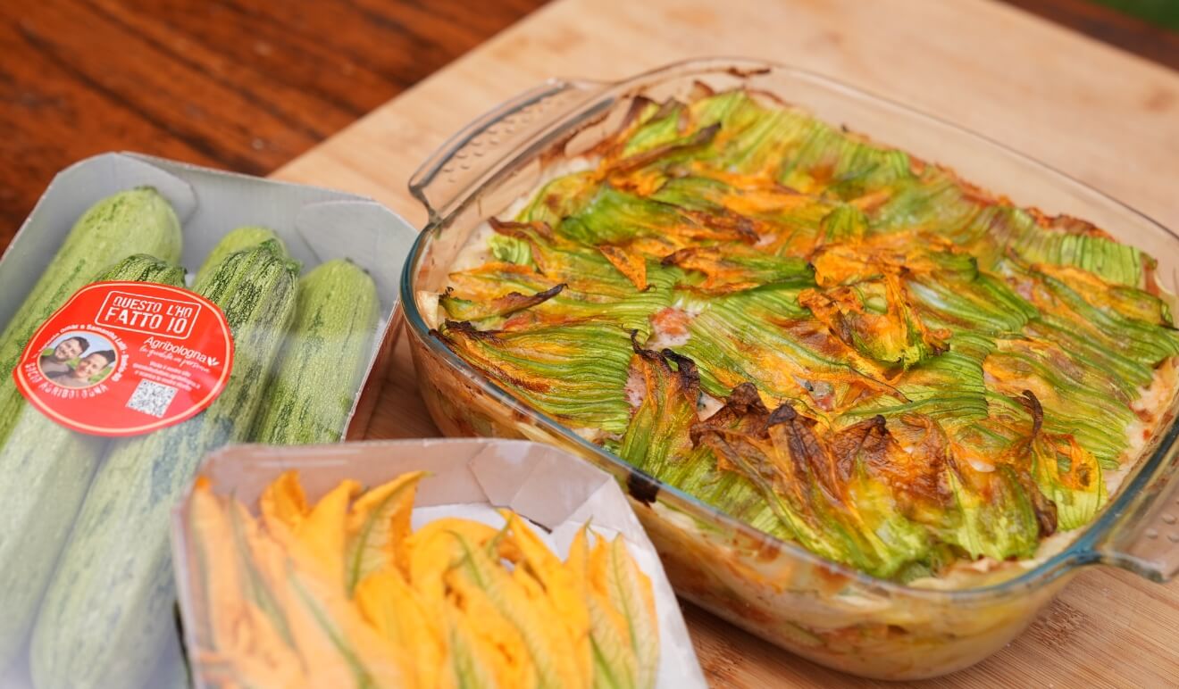 Lasagna con zucchine, besciamella e fiori di zucca